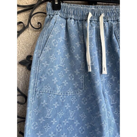 Faux Louis Vuitton Monogram Embroidered Men Denim Shorts - M/L - Light Wash Blue - Picture 3 of 7